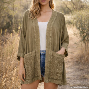 Young Threads Embroidered Duster Large Green Boho Open Kimono Viscose India NWT